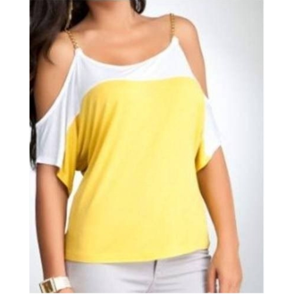 Bebe Yellow and Tan Colorblock Top.